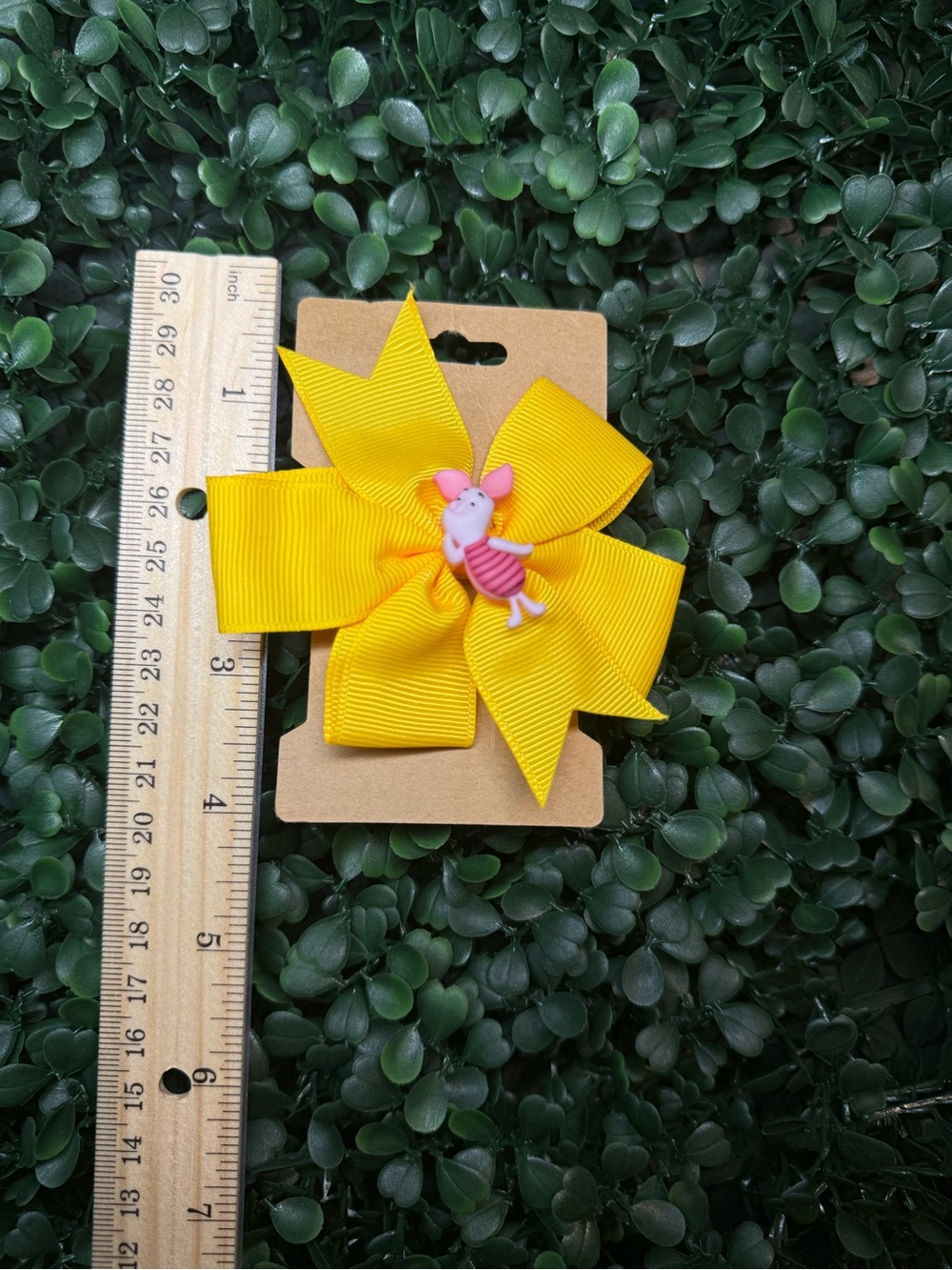Yellow Kids Hair Bow with Pink Pig Charm Piglet Disney Handmade and hand button